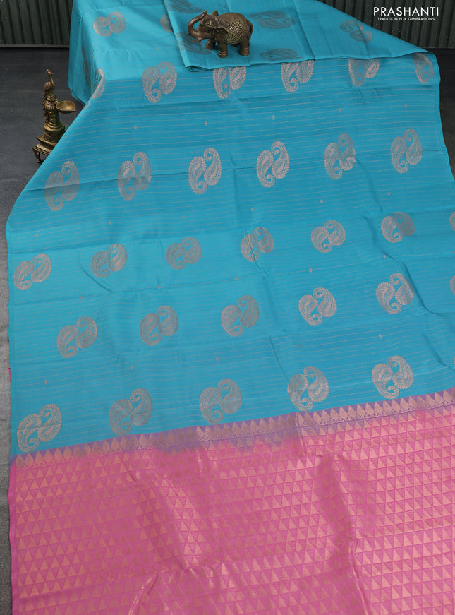 Kanchipuram silk saree teal blue and pink with allover copper zari weaves in borderless style