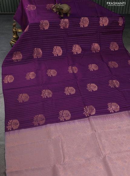 Kanchipuram silk saree purple and pastel pink with allover copper zari weaves in borderless style