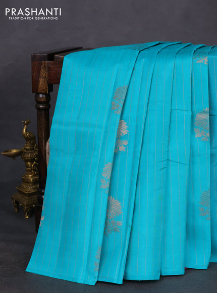 Kanchipuram silk saree cs blue and dark mustard with allover copper zari weaves in borderless style