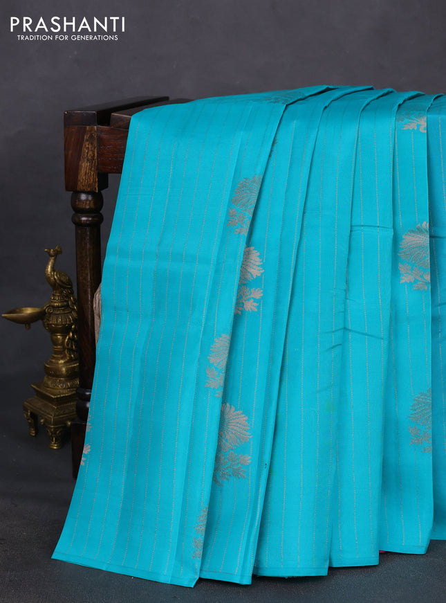 Kanchipuram silk saree cs blue and dark mustard with allover copper zari weaves in borderless style