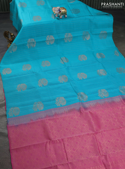 Kanchipuram silk saree cs blue and dark mustard with allover copper zari weaves in borderless style
