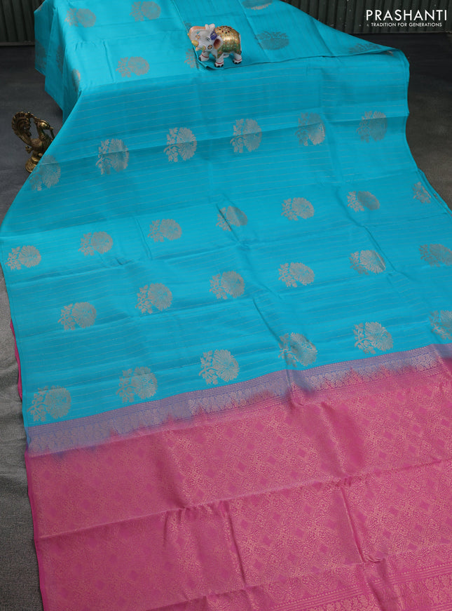 Kanchipuram silk saree cs blue and dark mustard with allover copper zari weaves in borderless style