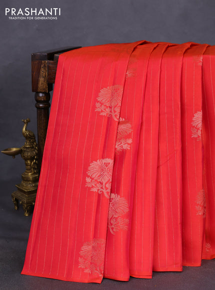 Kanchipuram silk saree dual shade of reddish pink and pastel pink with allover copper zari weaves in borderless style