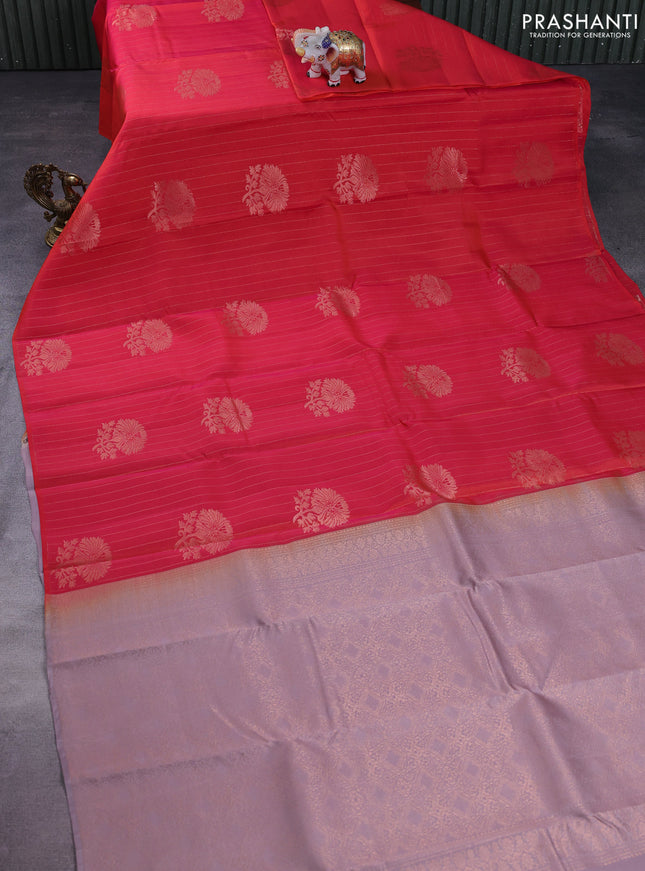 Kanchipuram silk saree dual shade of reddish pink and pastel pink with allover copper zari weaves in borderless style