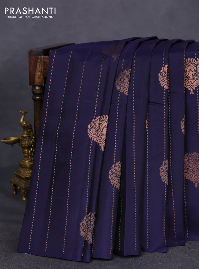 Kanchipuram silk saree dark blue and grey with allover copper zari weaves in borderless style