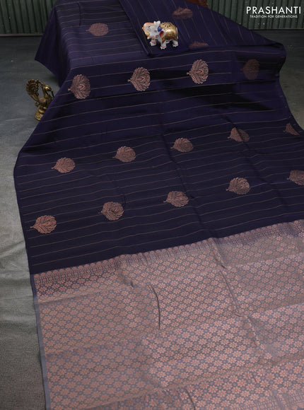 Kanchipuram silk saree dark blue and grey with allover copper zari weaves in borderless style