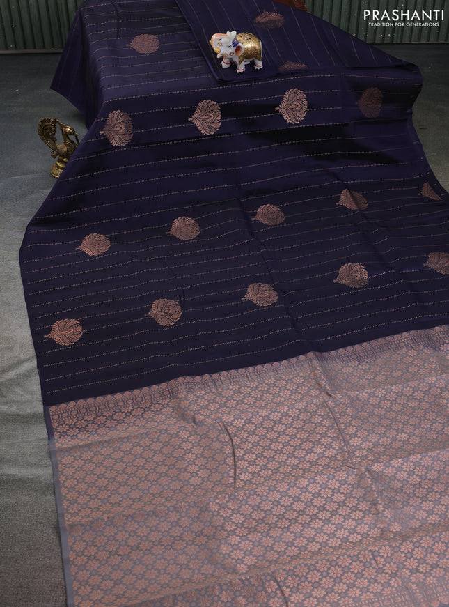 Kanchipuram silk saree dark blue and grey with allover copper zari weaves in borderless style