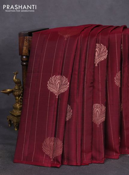 Kanchipuram silk saree wine shade and grey with allover copper zari weaves in borderless style