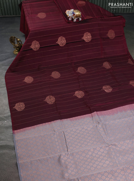 Kanchipuram silk saree wine shade and grey with allover copper zari weaves in borderless style