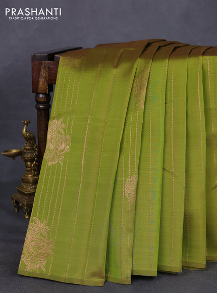 Kanchipuram silk saree mehendi green and teal blue with allover copper zari weaves in borderless style