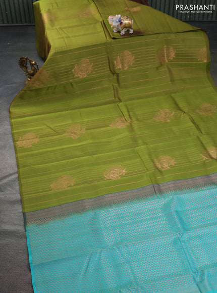 Kanchipuram silk saree mehendi green and teal blue with allover copper zari weaves in borderless style