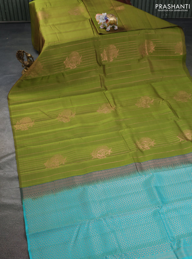 Kanchipuram silk saree mehendi green and teal blue with allover copper zari weaves in borderless style