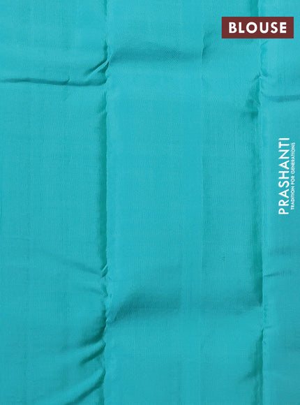 Kanchipuram silk saree mehendi green and teal blue with allover copper zari weaves in borderless style