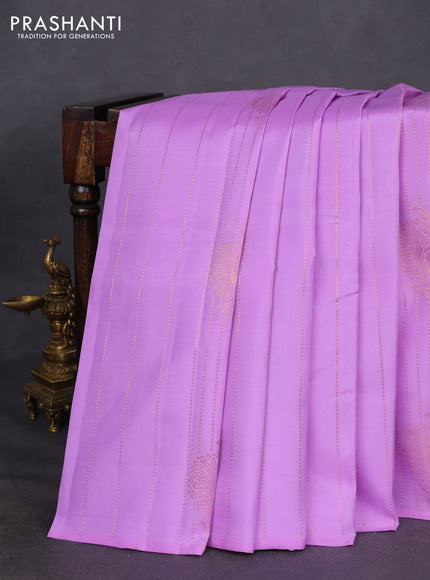 Kanchipuram silk saree lavender and teal blue with allover copper zari weaves in borderless style