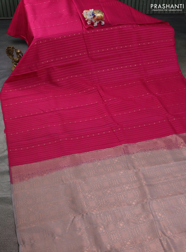 Kanchipuram silk saree dark pink and grey with allover copper zari weaves in borderless style