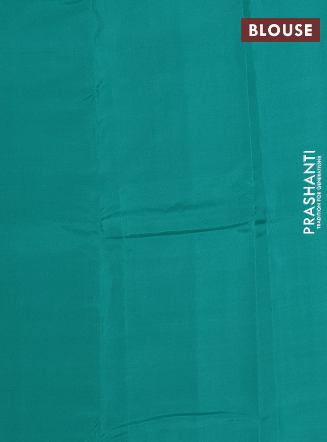 Kanchipuram silk saree yellow and teal green with allover copper zari weaves & buttas in borderless style