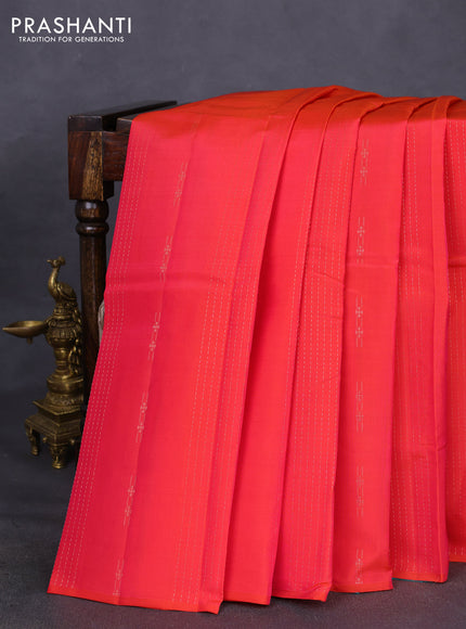 Kanchipuram silk saree dual shade of pink and teal green with allover copper zari weaves in borderless style