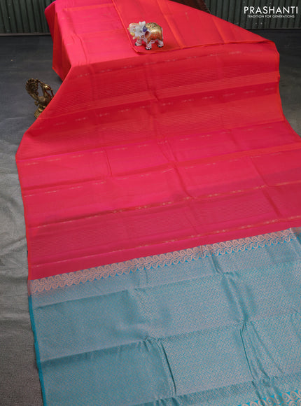 Kanchipuram silk saree dual shade of pink and teal green with allover copper zari weaves in borderless style