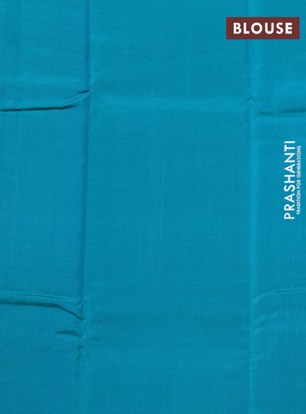 Kanchipuram silk saree dual shade of pink and teal green with allover copper zari weaves in borderless style