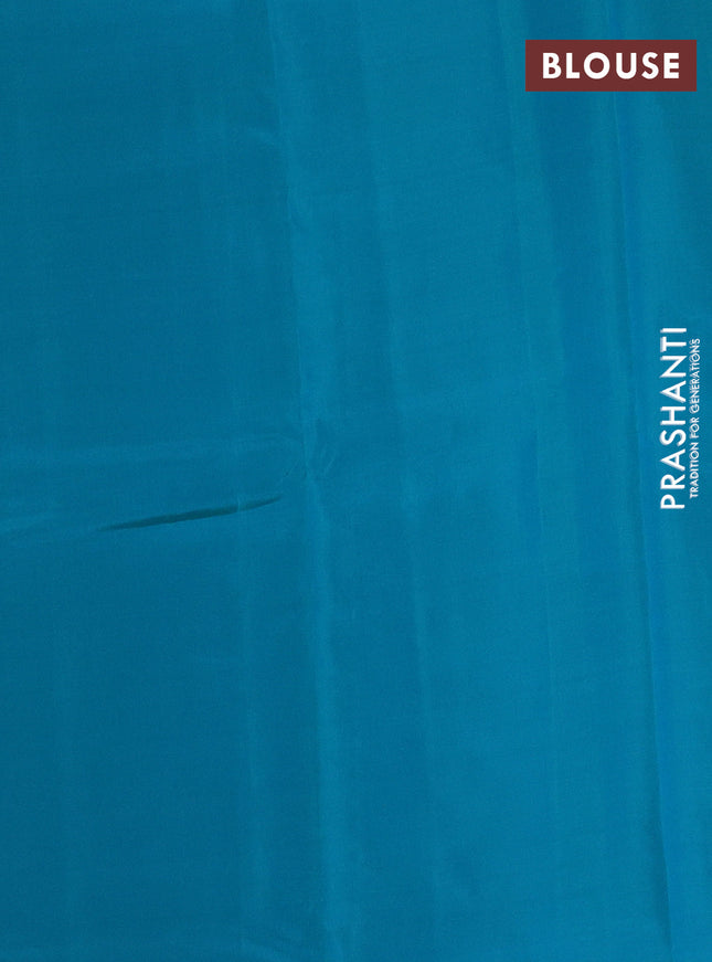 Kanchipuram silk saree yellow and teal green with allover copper zari weaves & buttas in borderless style