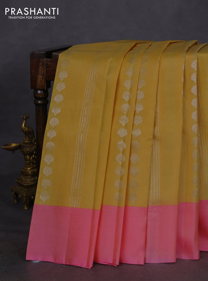 Kanchipuram silk saree yellow and pink with allover copper zari weaves & buttas in borderless style