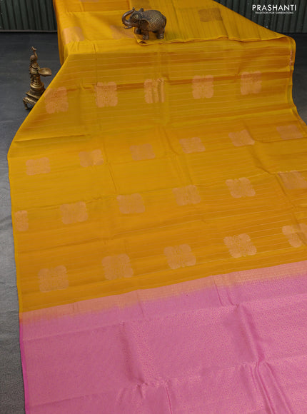 Kanchipuram silk saree yellow and pink with allover copper zari weaves & buttas in borderless style