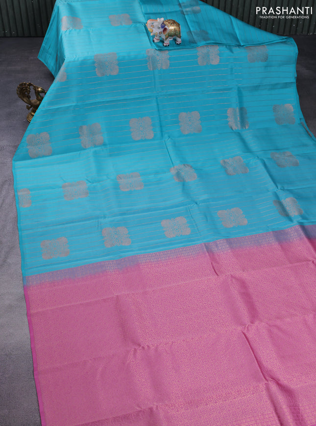 Kanchipuram silk saree teal blue and pink with allover copper zari weaves & buttas in borderless style