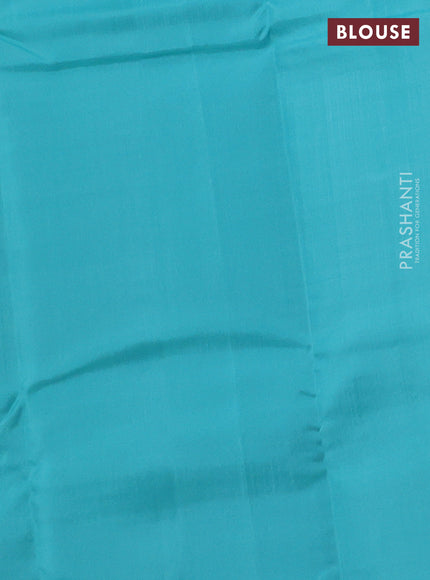 Kanchipuram silk saree mustard yellow and teal blue with allover copper zari weaves in borderless style