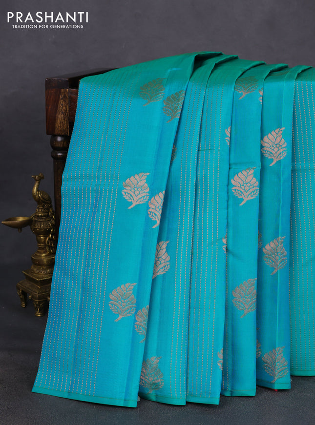 Kanchipuram silk saree pastel purple and green with allover copper zari weaves in borderless style