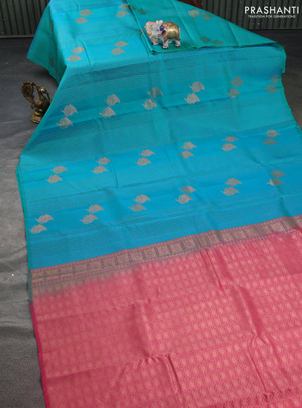 Kanchipuram silk saree pastel purple and green with allover copper zari weaves in borderless style