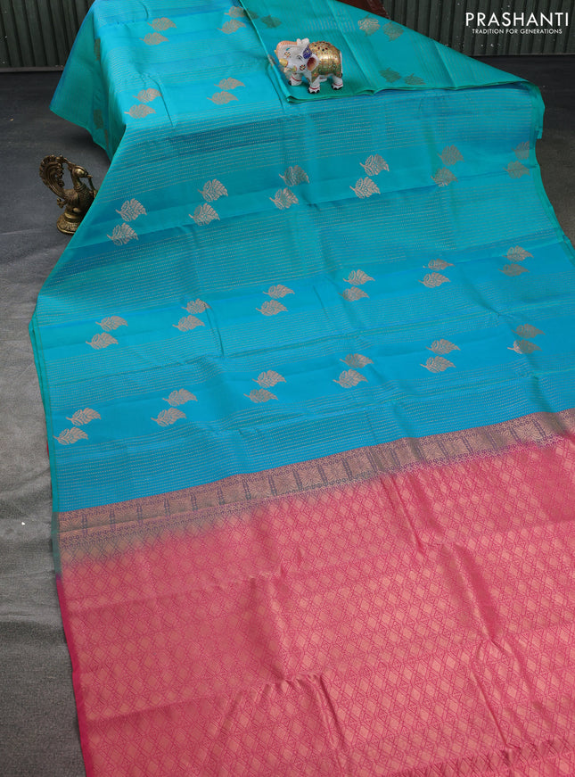 Kanchipuram silk saree pastel purple and green with allover copper zari weaves in borderless style