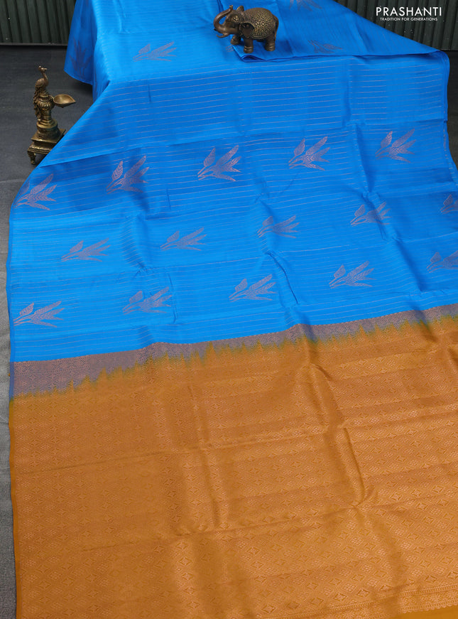 Kanchipuram silk saree purple and dark mustard with allover copper zari weaves in borderless style