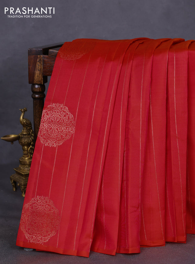 Kanchipuram silk saree dual shade of pink and grey with allover copper zari weaves in borderless style