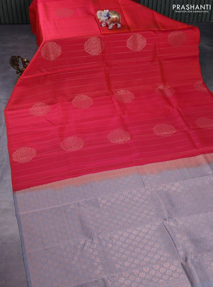 Kanchipuram silk saree dual shade of pink and grey with allover copper zari weaves in borderless style