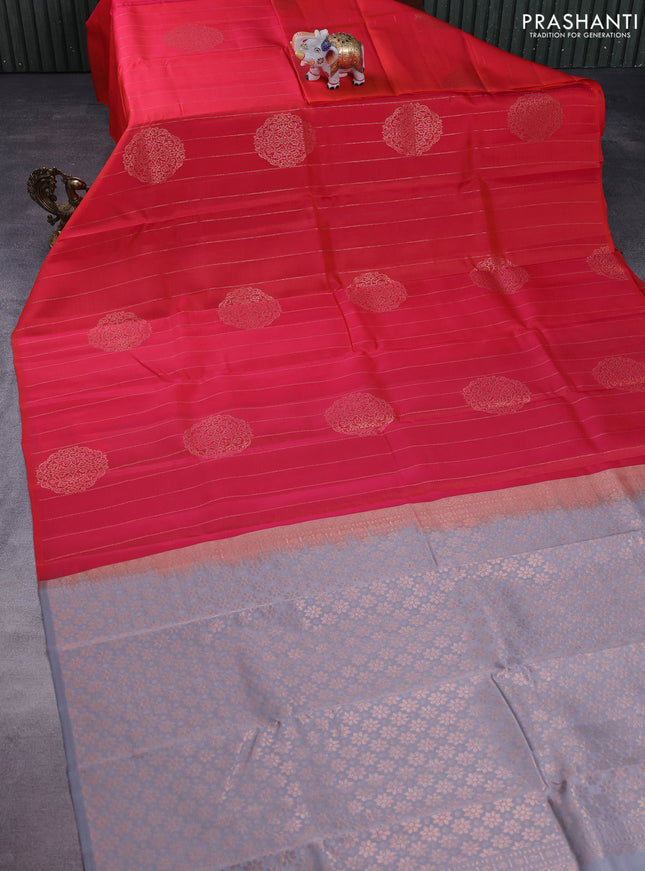 Kanchipuram silk saree dual shade of pink and grey with allover copper zari weaves in borderless style