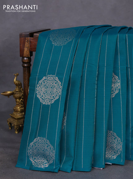 Kanchipuram silk saree teal green and grey with allover copper zari weaves in borderless style