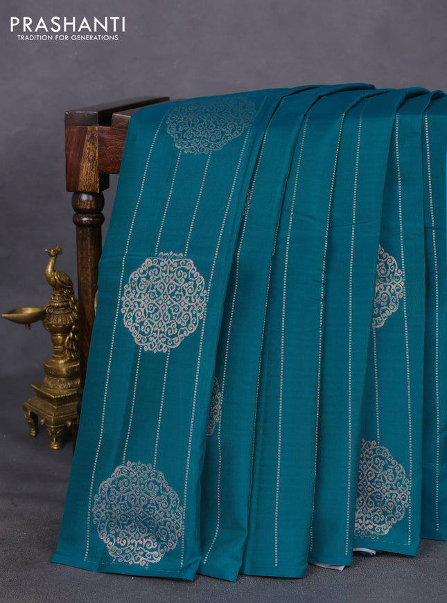 Kanchipuram silk saree teal green and grey with allover copper zari weaves in borderless style