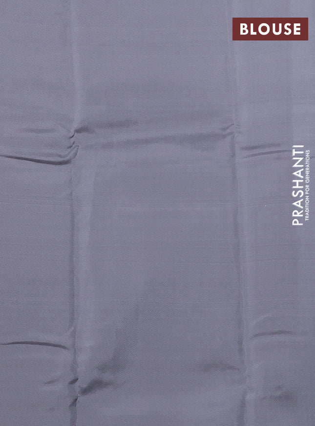 Kanchipuram silk saree teal green and grey with allover copper zari weaves in borderless style