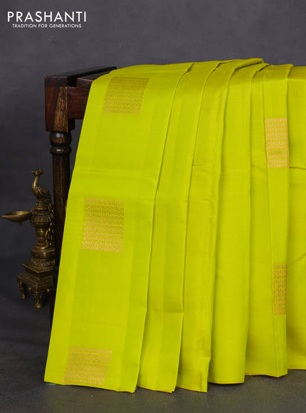 Kanchipuram silk saree lime yellow and dual shade of pinkish orange with zari woven buttas in borderless style