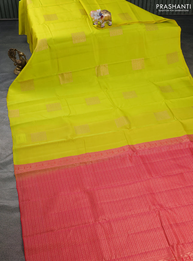 Kanchipuram silk saree lime yellow and dual shade of pinkish orange with zari woven buttas in borderless style