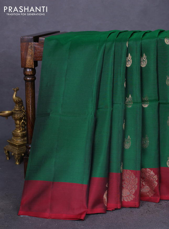Kanchipuram soft silk saree green and maroon with peacock zari woven buttas and zari woven butta border