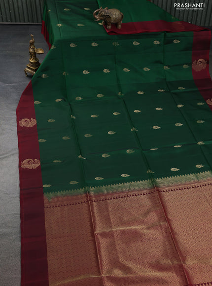 Kanchipuram soft silk saree green and maroon with peacock zari woven buttas and zari woven butta border