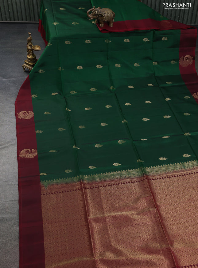 Kanchipuram soft silk saree green and maroon with peacock zari woven buttas and zari woven butta border