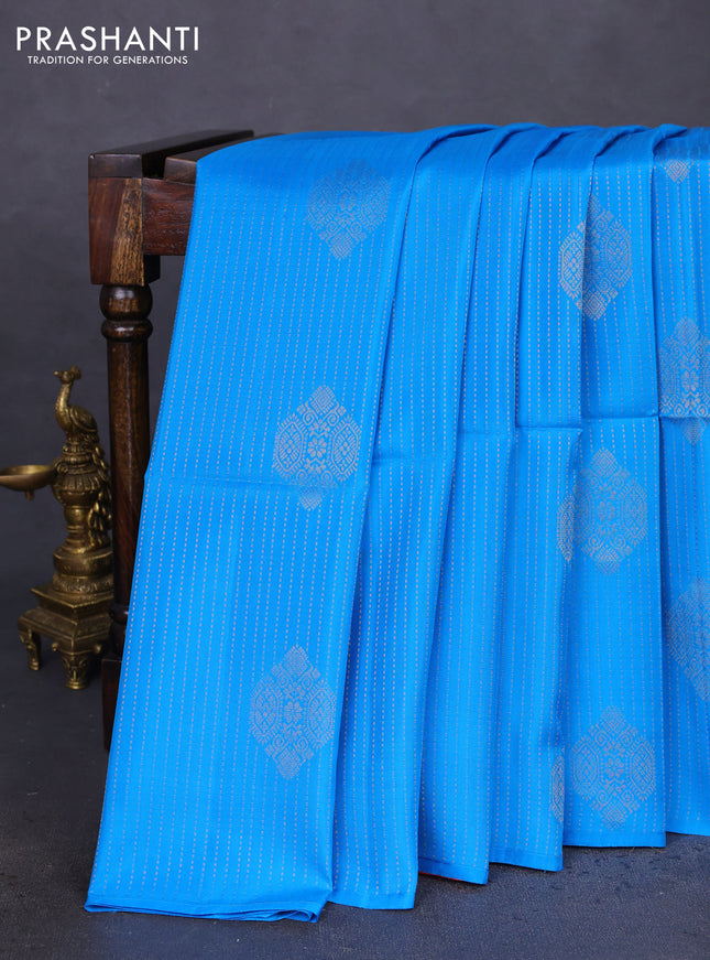 Kanchipuram soft silk saree cs blue and dual shade of pinkish orange with allover zari weaves in borderless style