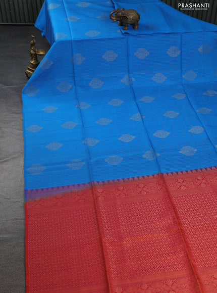 Kanchipuram soft silk saree cs blue and dual shade of pinkish orange with allover zari weaves in borderless style