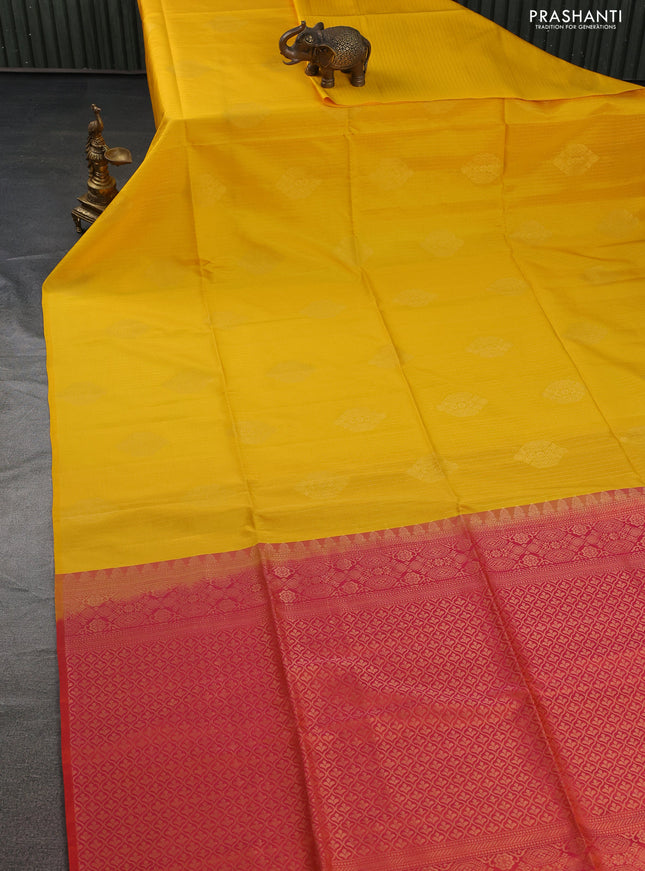 Kanchipuram soft silk saree yellow and dual shade of pinkish orange with allover zari weaves in borderless style