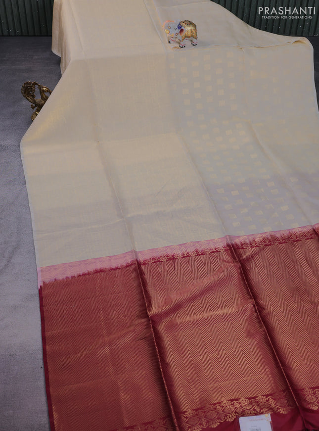 Kanchipuram soft silk saree cream and maroon with allover zari woven brocade weaves in borderless style