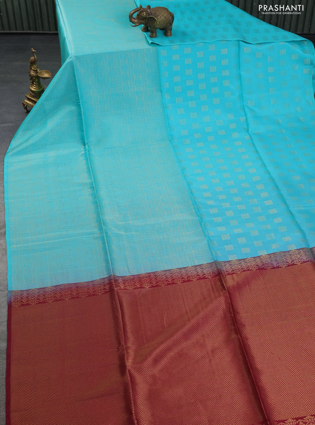 Kanchipuram soft silk saree teal blue and maroon with allover zari weaves & buttas in borderless style