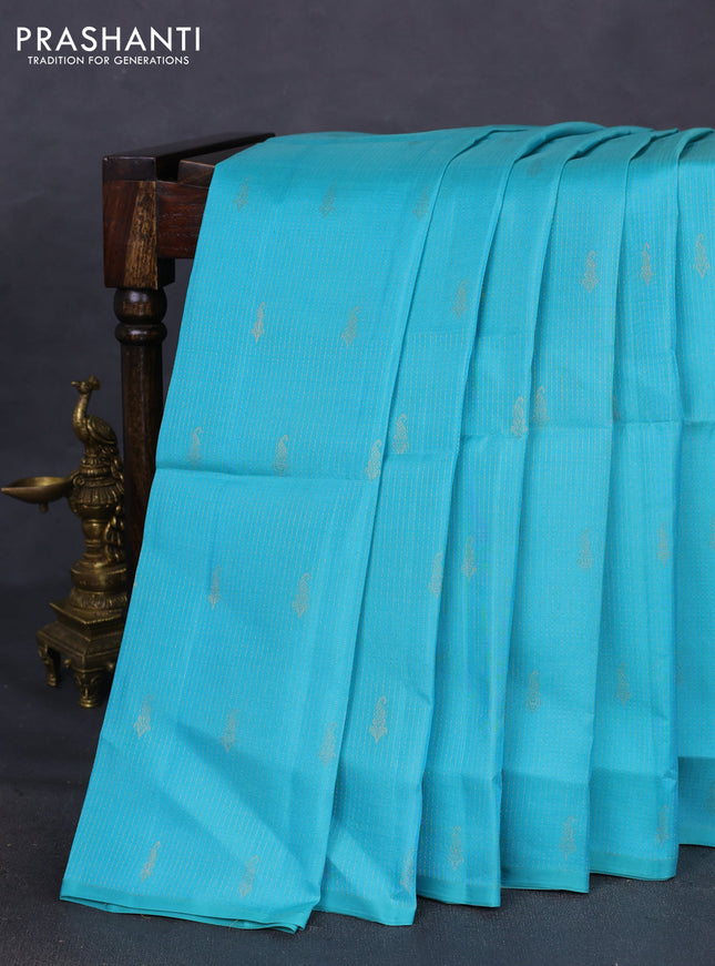 Kanchipuram soft silk saree teal blue and pastel green with allover zari weaves & buttas in borderless style