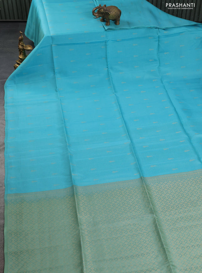 Kanchipuram soft silk saree teal blue and pastel green with allover zari weaves & buttas in borderless style
